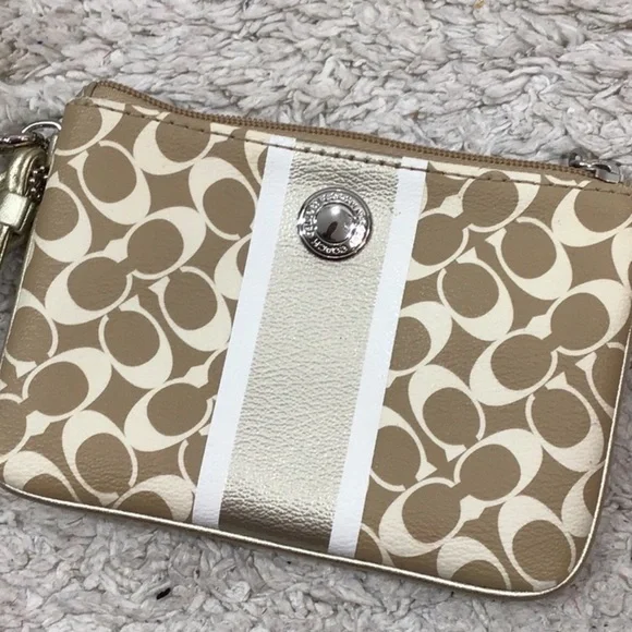 Coach | Bags | Euc Coach Wristlet Tan And Metallic Stripe  display picture 2
